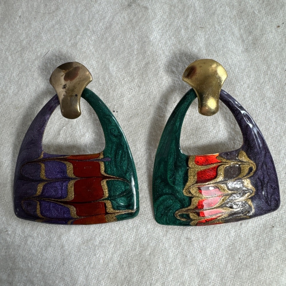 Vintage 1980s Artisan Door Knocker Pierced Earrings 2.5" Multicolor Enamel Retro